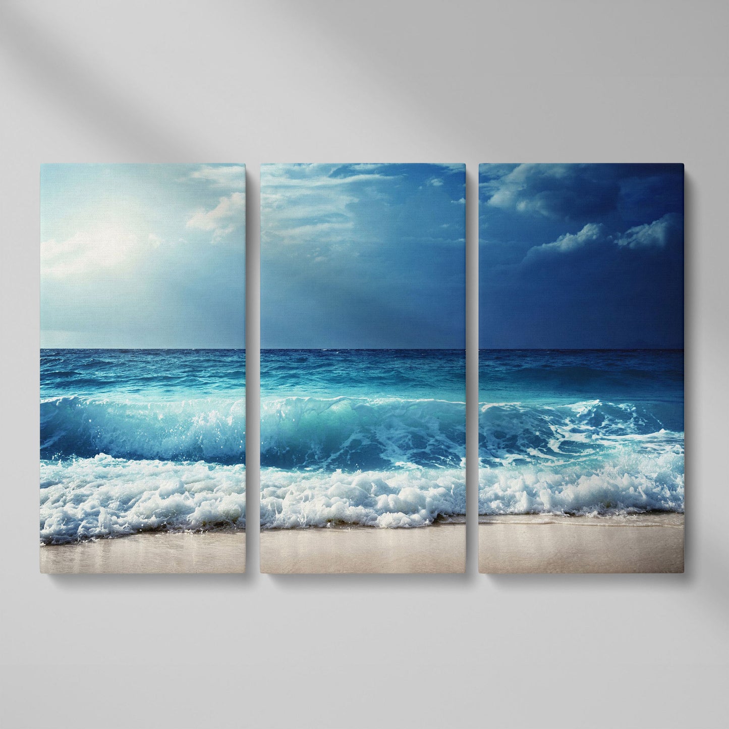 Ocean Wave Breaking on a Sandy Beach, Teal and Grey Canvas Art as 3-panel split version