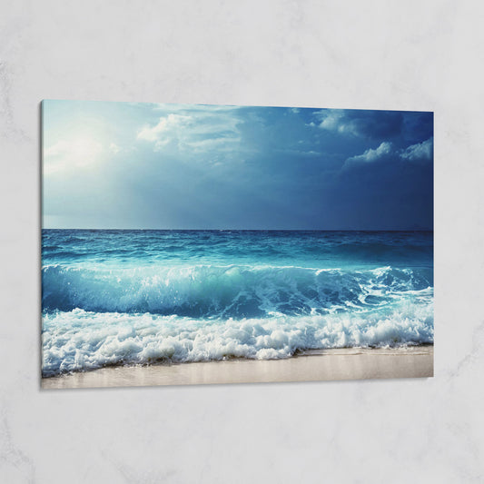 Ocean Wave Breaking on a Sandy Beach, Teal and Grey Canvas Art on gallery wrap
