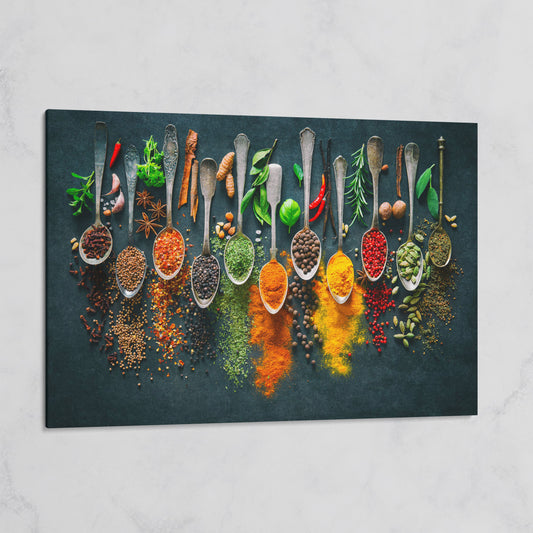 Spices & Herbs in Antique Silver Spoons. Kitchen Canvas Art on gallery wrap
