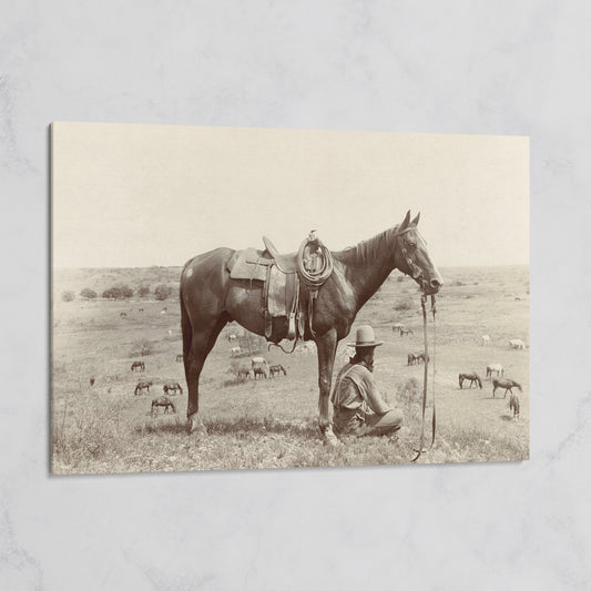 Cowboy Resting by His Horse, Western Field Canvas Wall Art on gallery wrap