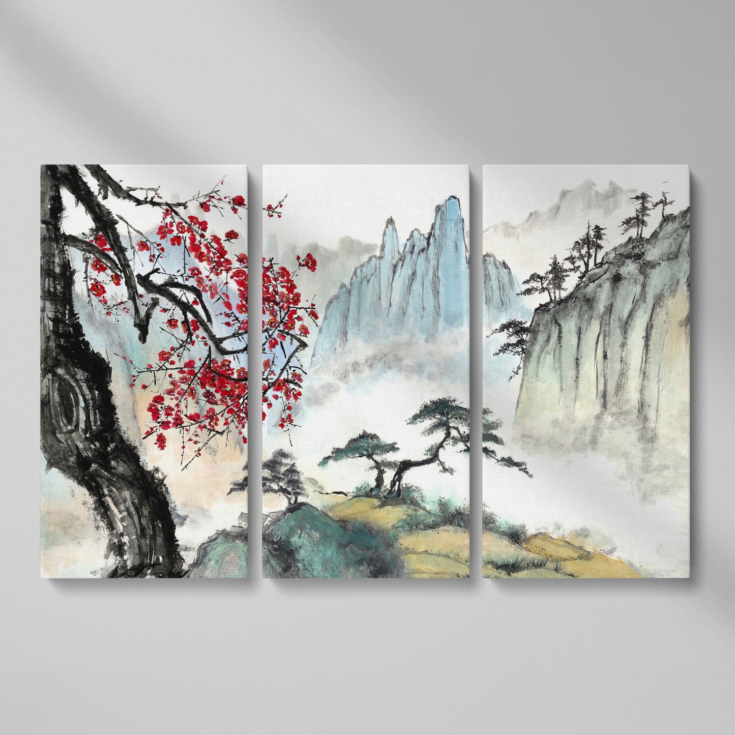 Japanese Mountain Landscape with Cherry Blossoms and Mist canvas as 3-panel split version