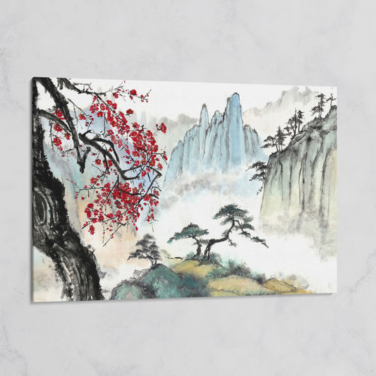 Japanese Mountain Landscape with Cherry Blossoms and Mist on gallery wrap canvas