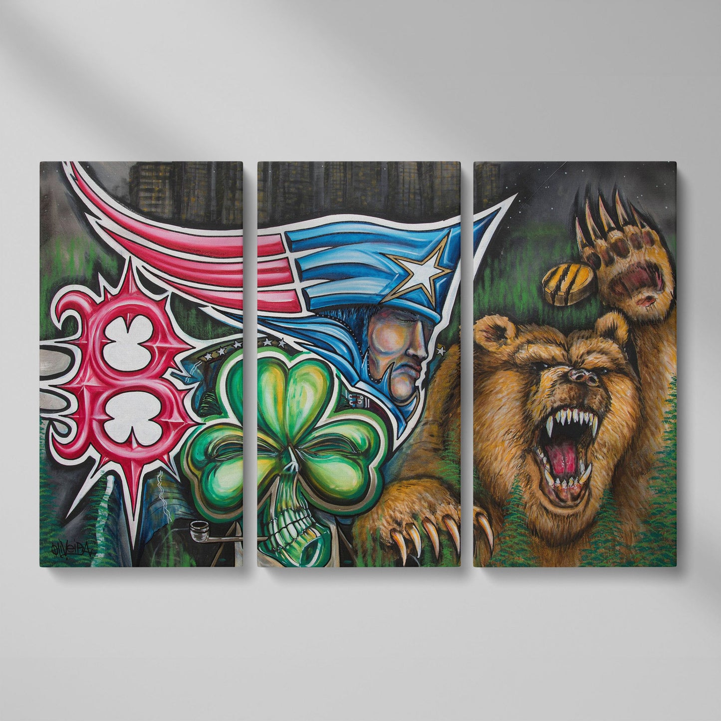 New England Patriots Surrealist Canvas Art with Bear and Flag as 3-panel split version
