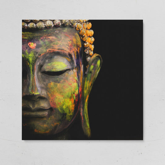 Serene Buddha Face Canvas Wall Art with Colorful Paint Detail on gallery wrap