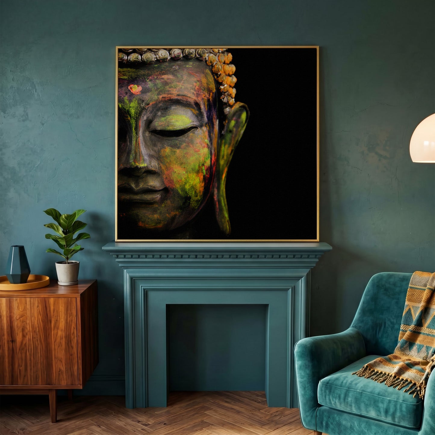 Serene Buddha Face Canvas Wall Art with Colorful Paint Detail in yellow gold floating frame
