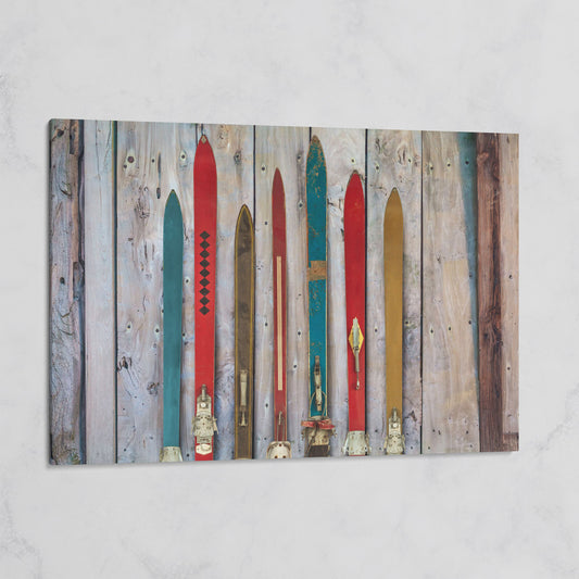 Vintage Wooden Skis on Weathered Planks Canvas Wall Art on gallery wrap