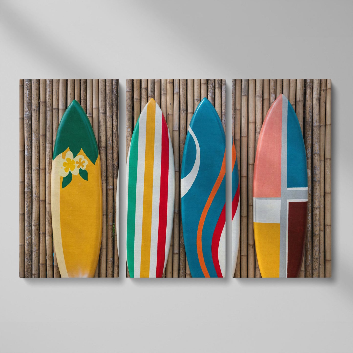 Four Colorful Surfboards on Bamboo Wall Canvas Art as 3-panel split version