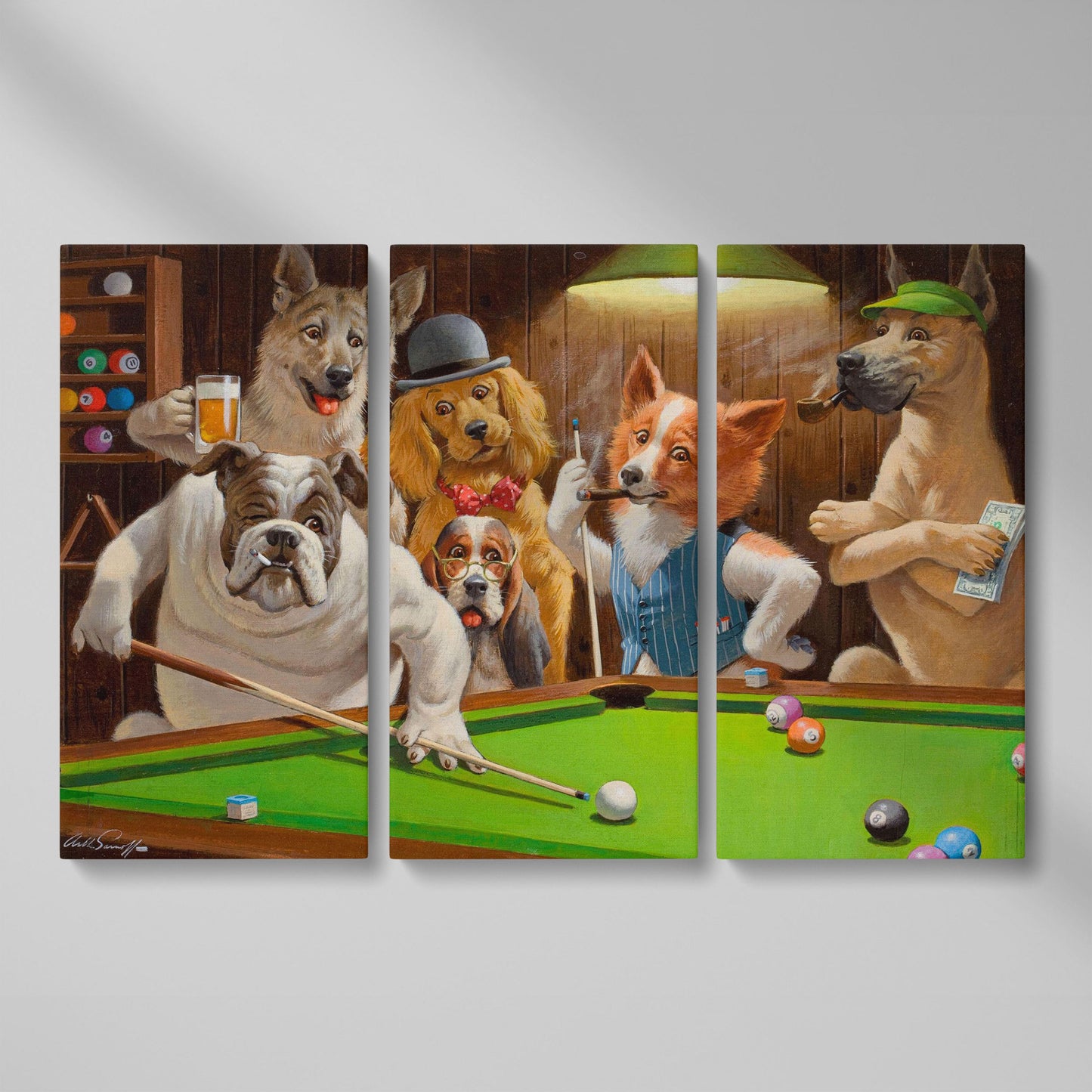 Dogs Playing Pool Bar Scene Canvas Wall Art as 3-panel split version