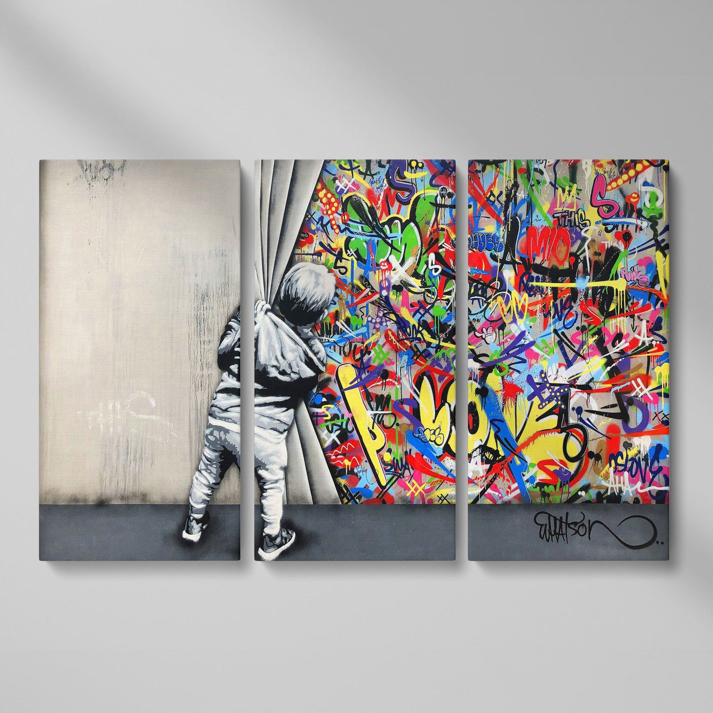 Kid Pulling Back Curtain to Reveal Graffiti Wall Art Canvas as 3-panel split version