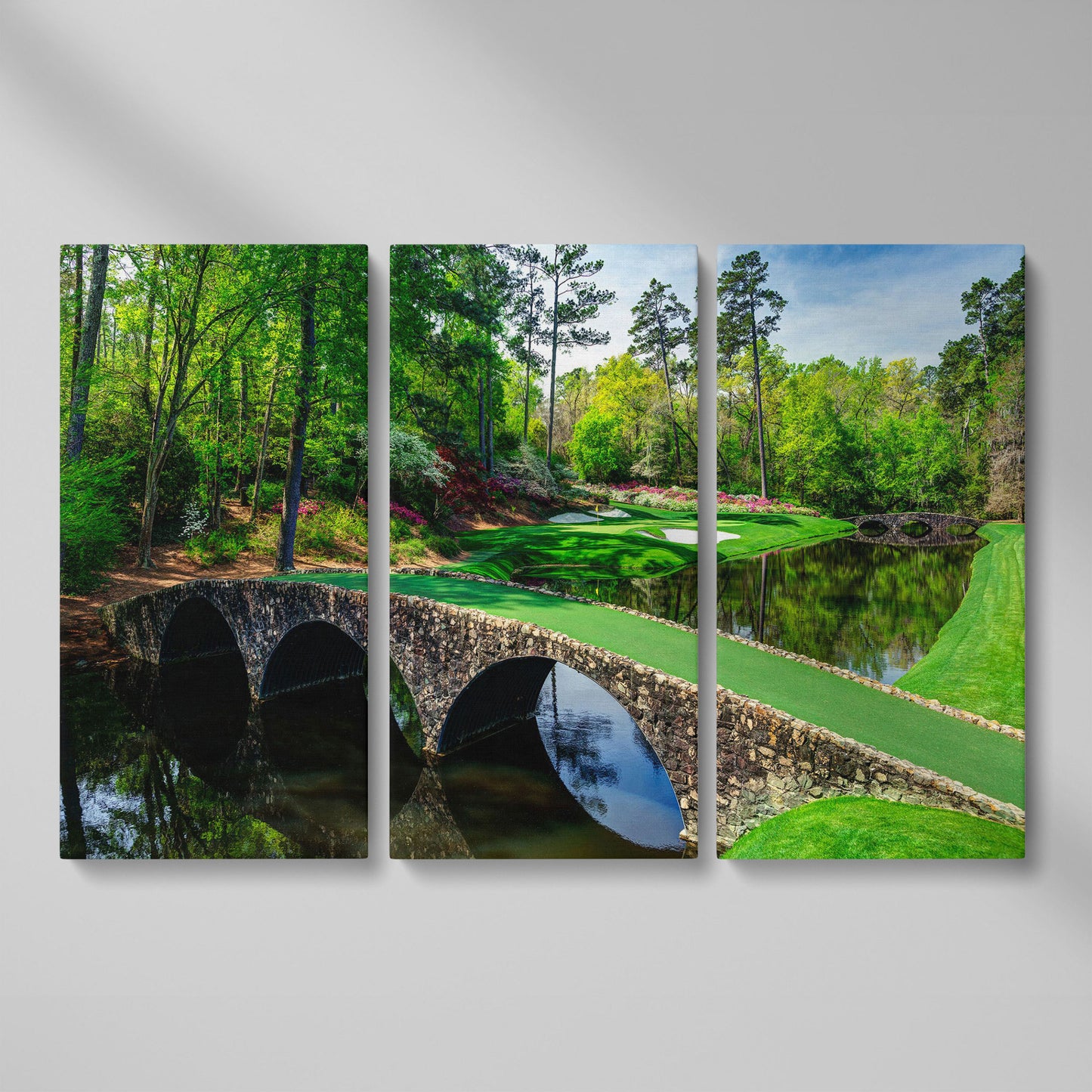 Golf Course Stone Bridge Canvas Art, Augusta-Style Green Fairway as 3-panel split version