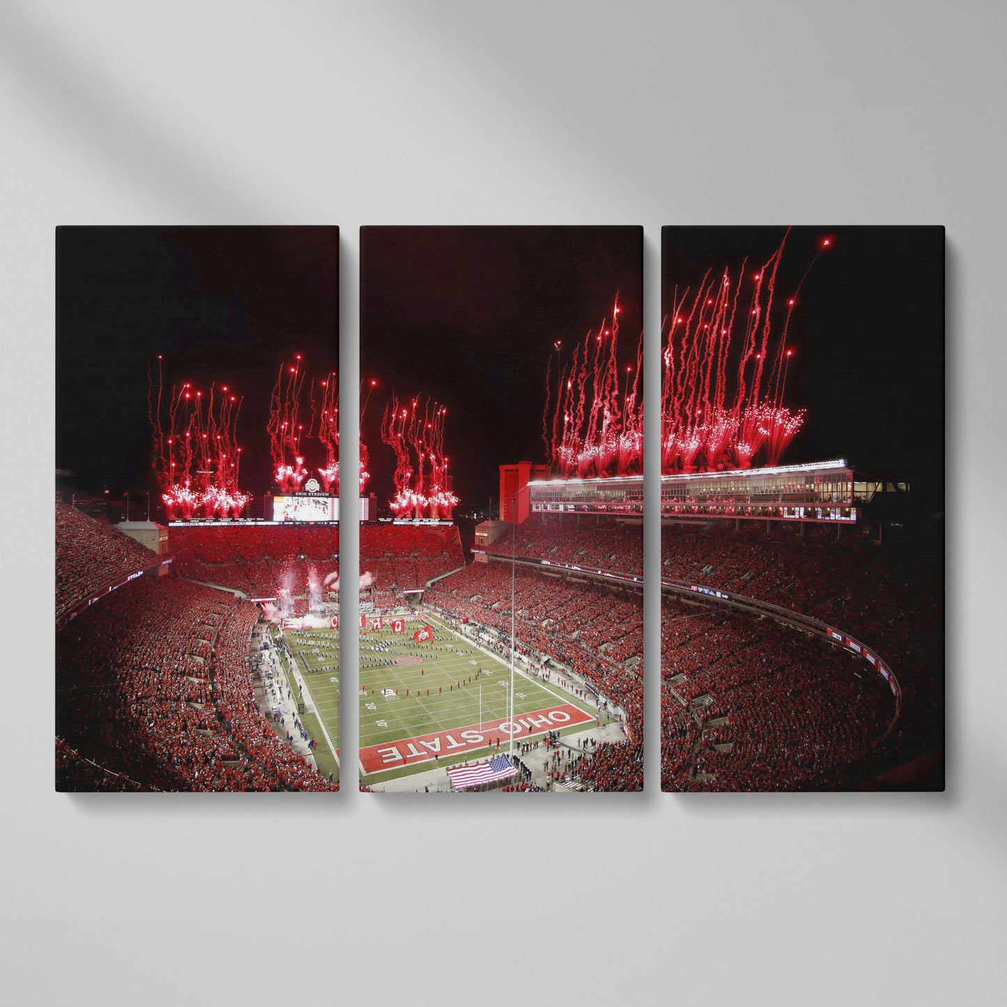 Ohio Stadium Fireworks Night Canvas Wall Art as 3-panel split version