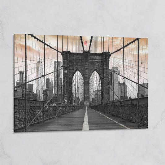 Brooklyn Bridge Canvas Art with NYC Skyline and American Flag on gallery wrap