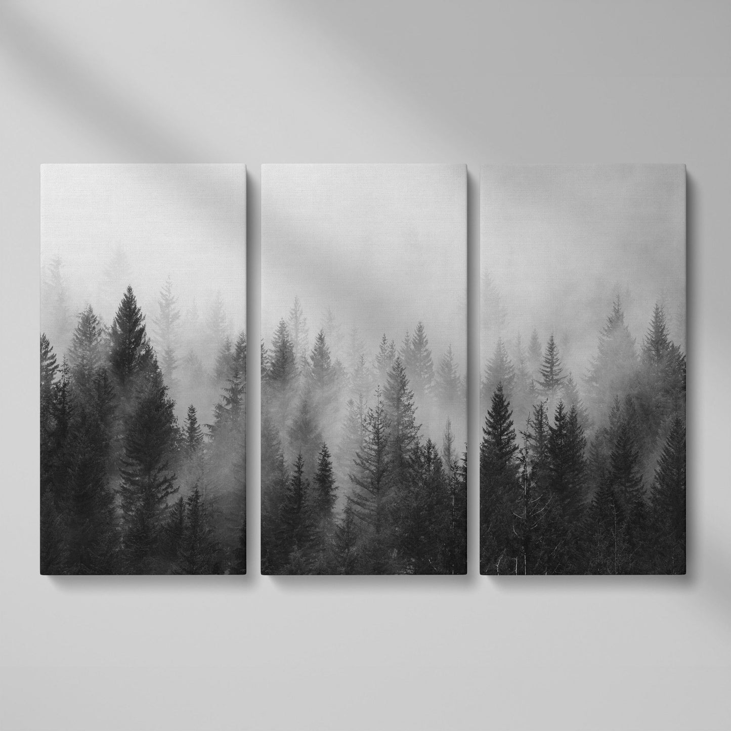 Misty Evergreen Forest Canvas Wall Art, Foggy Pine Trees as 3-panel split version