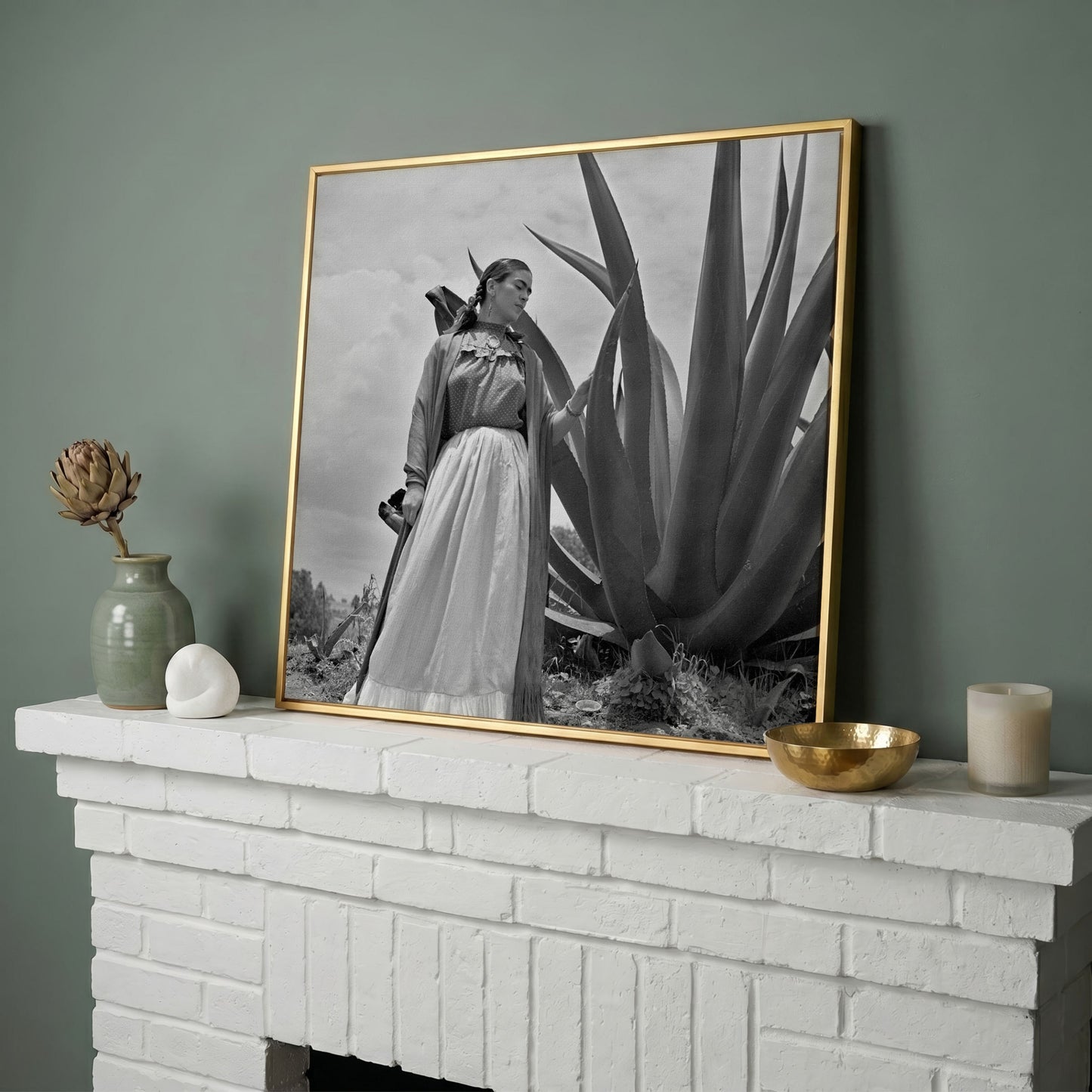 Frida Kahlo Standing Portrait Canvas Wall Art in yellow gold floating frame
