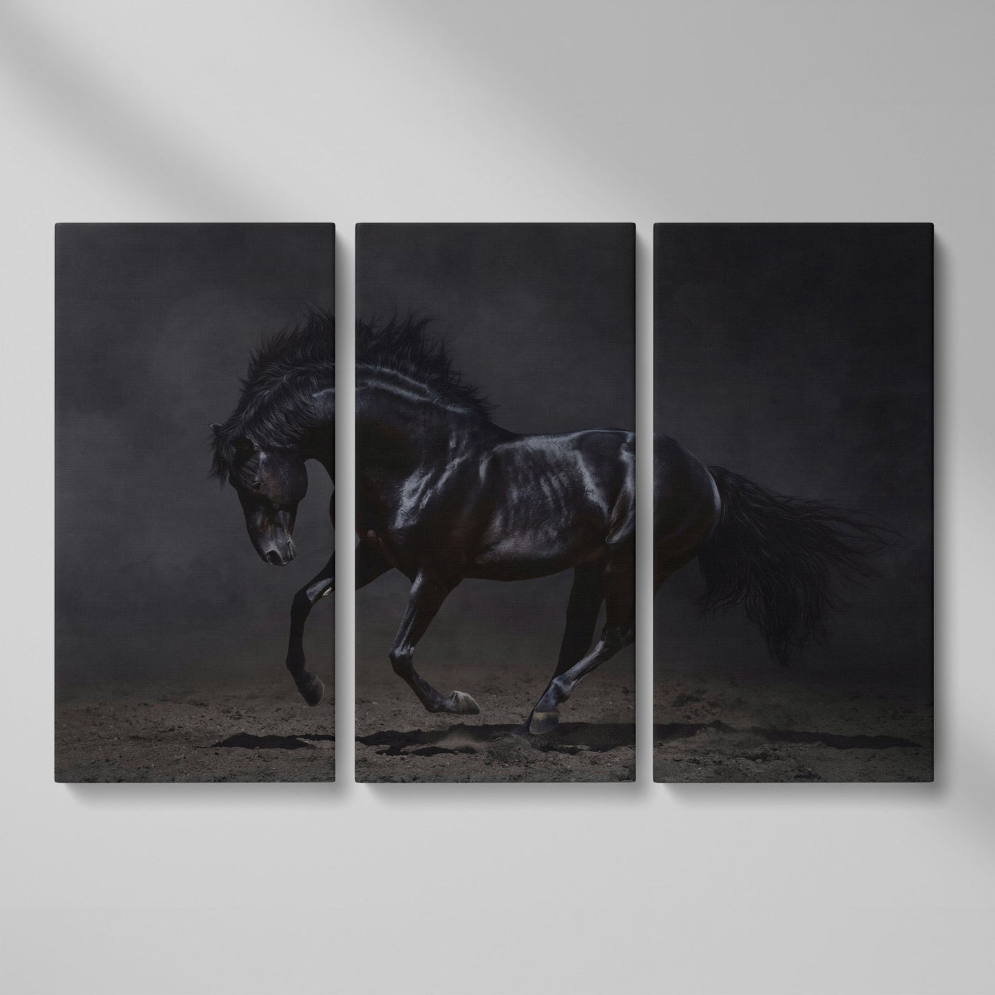 Black Horse in Motion: Large Canvas Wall Art for Equestrian Spaces as 3-panel split version