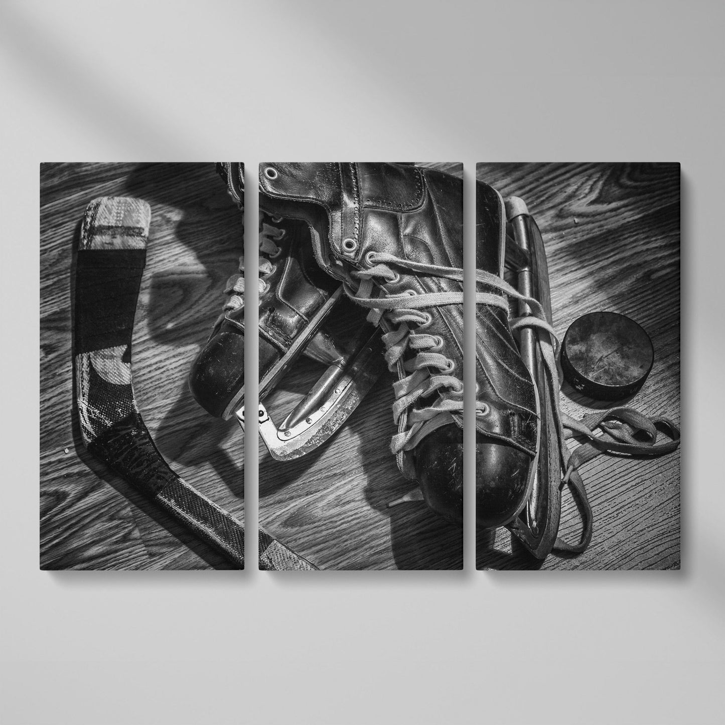 Vintage Ice Hockey Skates Still Life Canvas Wall Art as 3-panel split version