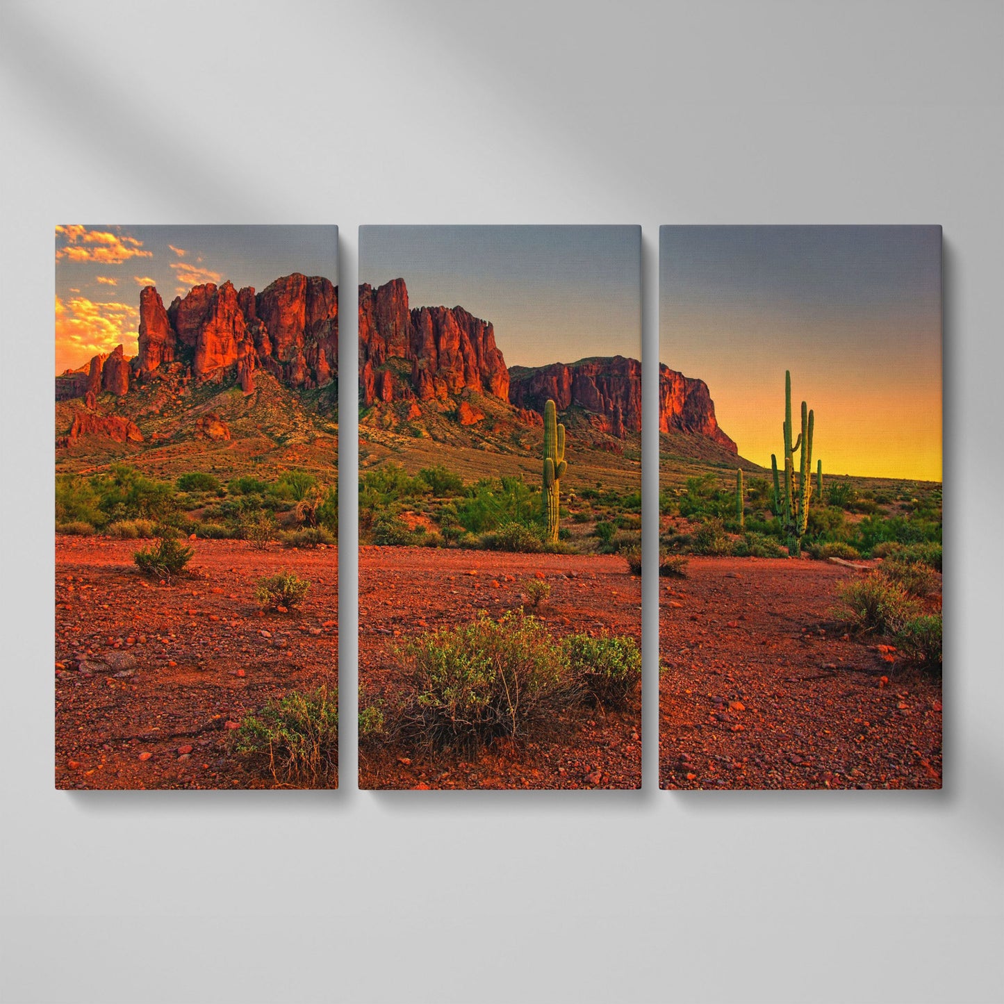 Saguaro Sunset: Arizona Desert Canyon Canvas Wall Art as 3-panel split version