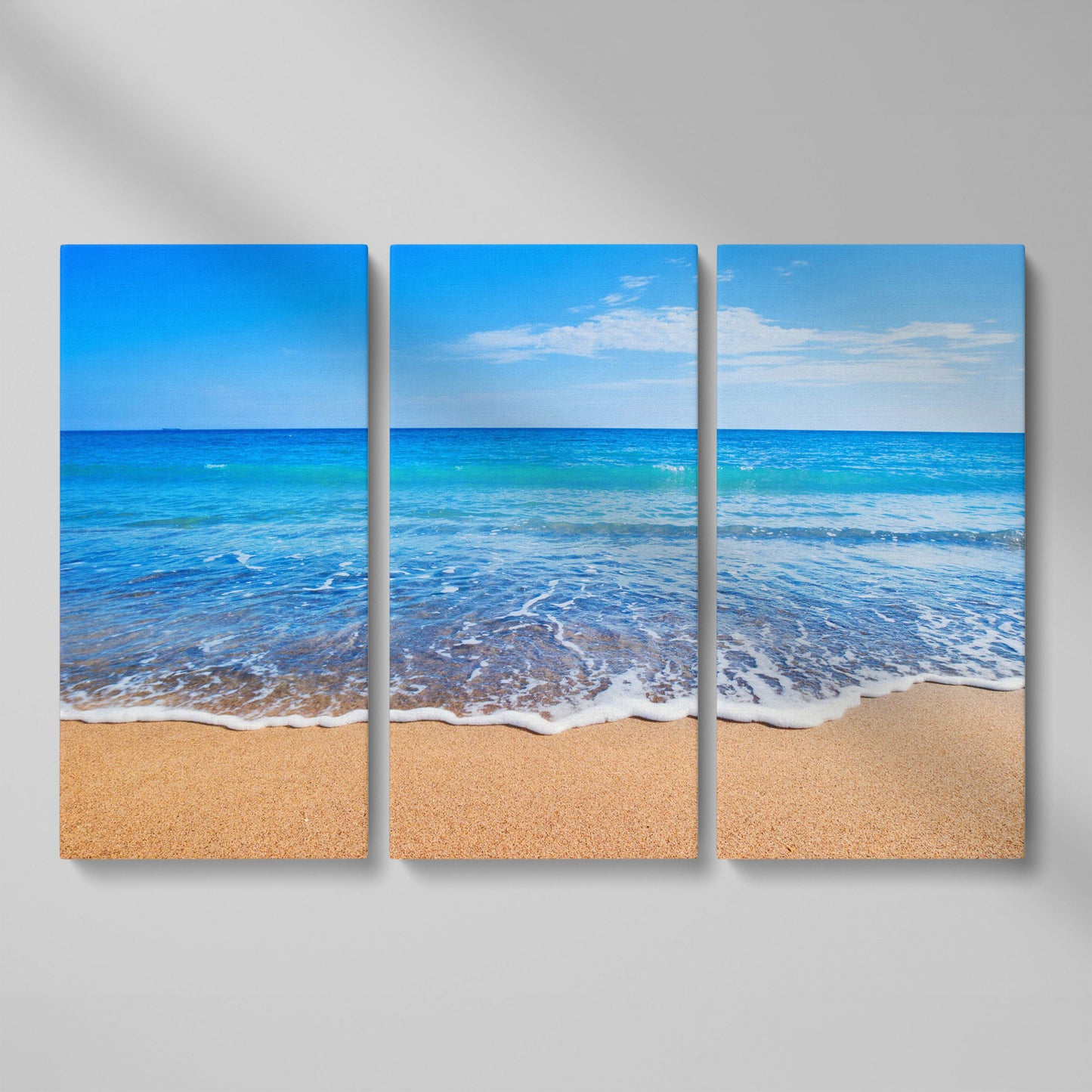 Calm Shore: Panoramic Beach Canvas Wall Art as 3-panel split version