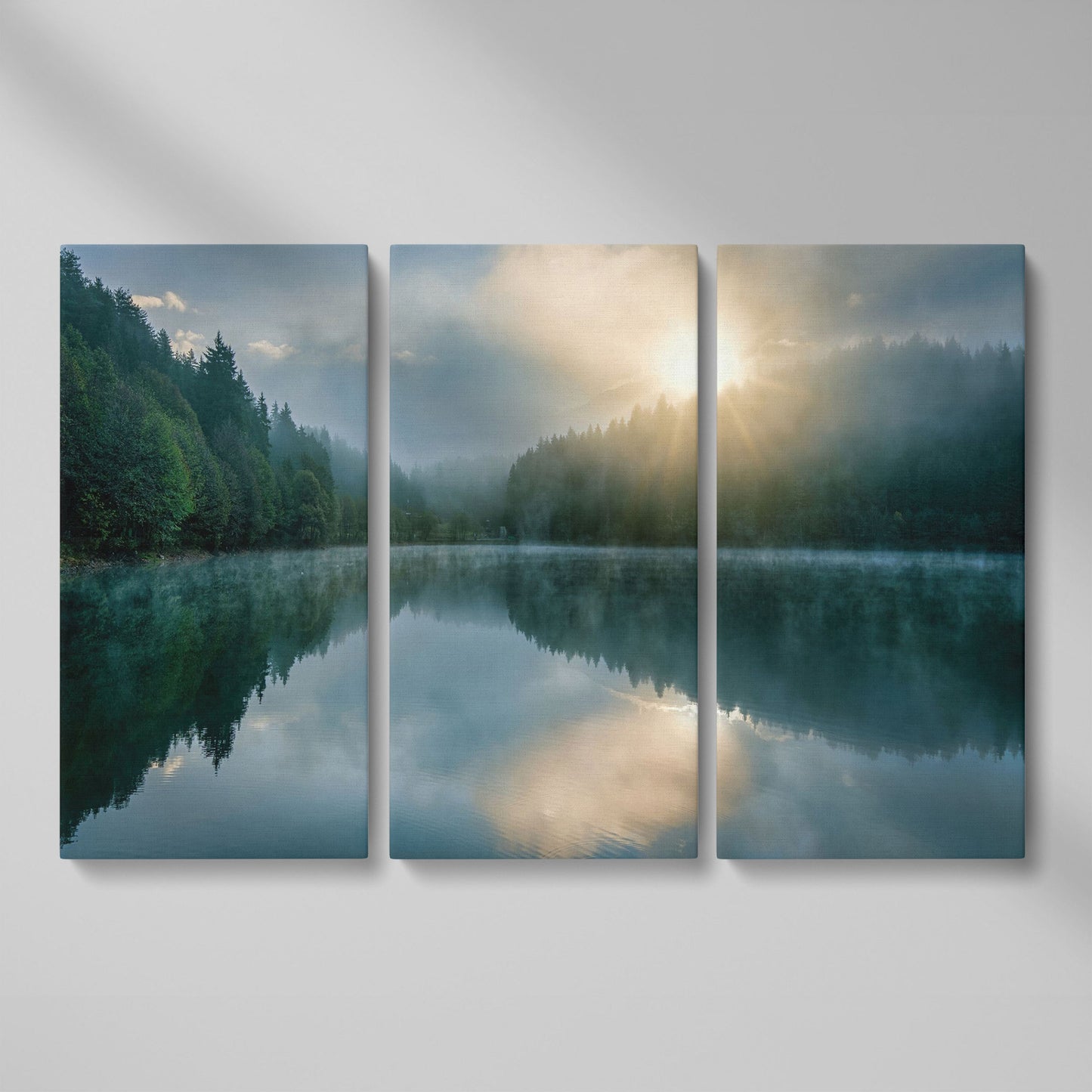 Foggy Lake Reflection at Dawn, Misty Forest Canvas Wall Art as 3-panel split version