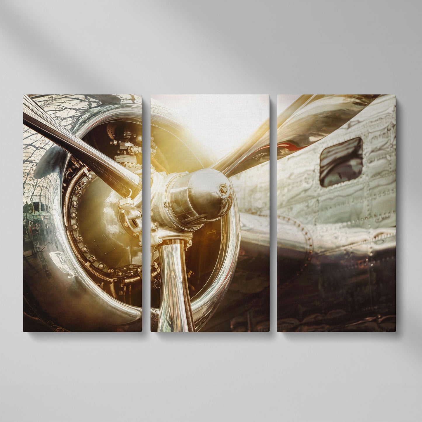 Vintage Airplane Propeller and Engine Detail Canvas Wall Art as 3-panel split version
