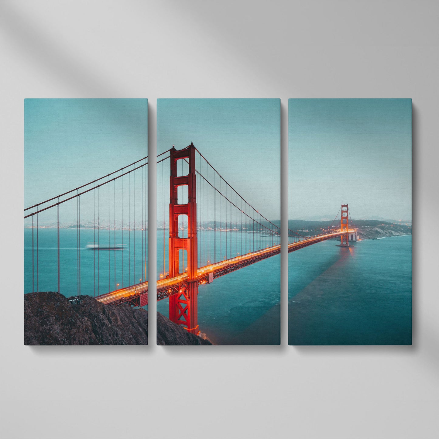 Golden Gate Bridge Canvas Art, San Francisco Skyline Panorama as 3-panel split version