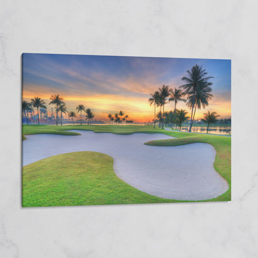 Golf Course Sunset Canvas Wall Art with Palm Trees and Sand Trap on gallery wrap