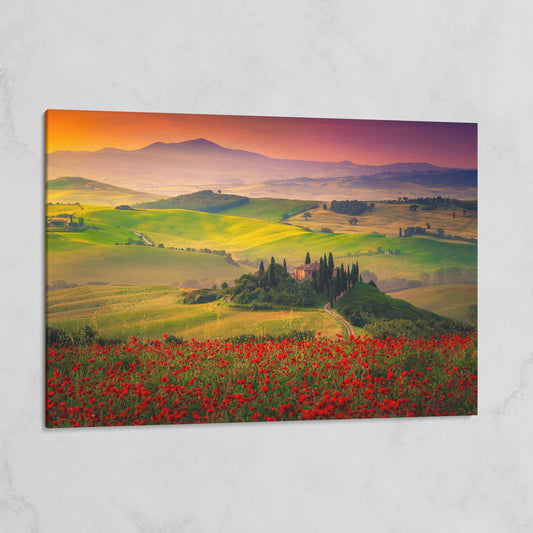 Tuscan Hills Canvas Art with Poppies, Farmhouse and Cypress Trees on gallery wrap