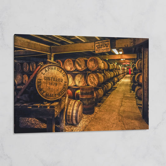 Laphroaig Distillery Barrel Rows Canvas Wall Art on gallery wrap