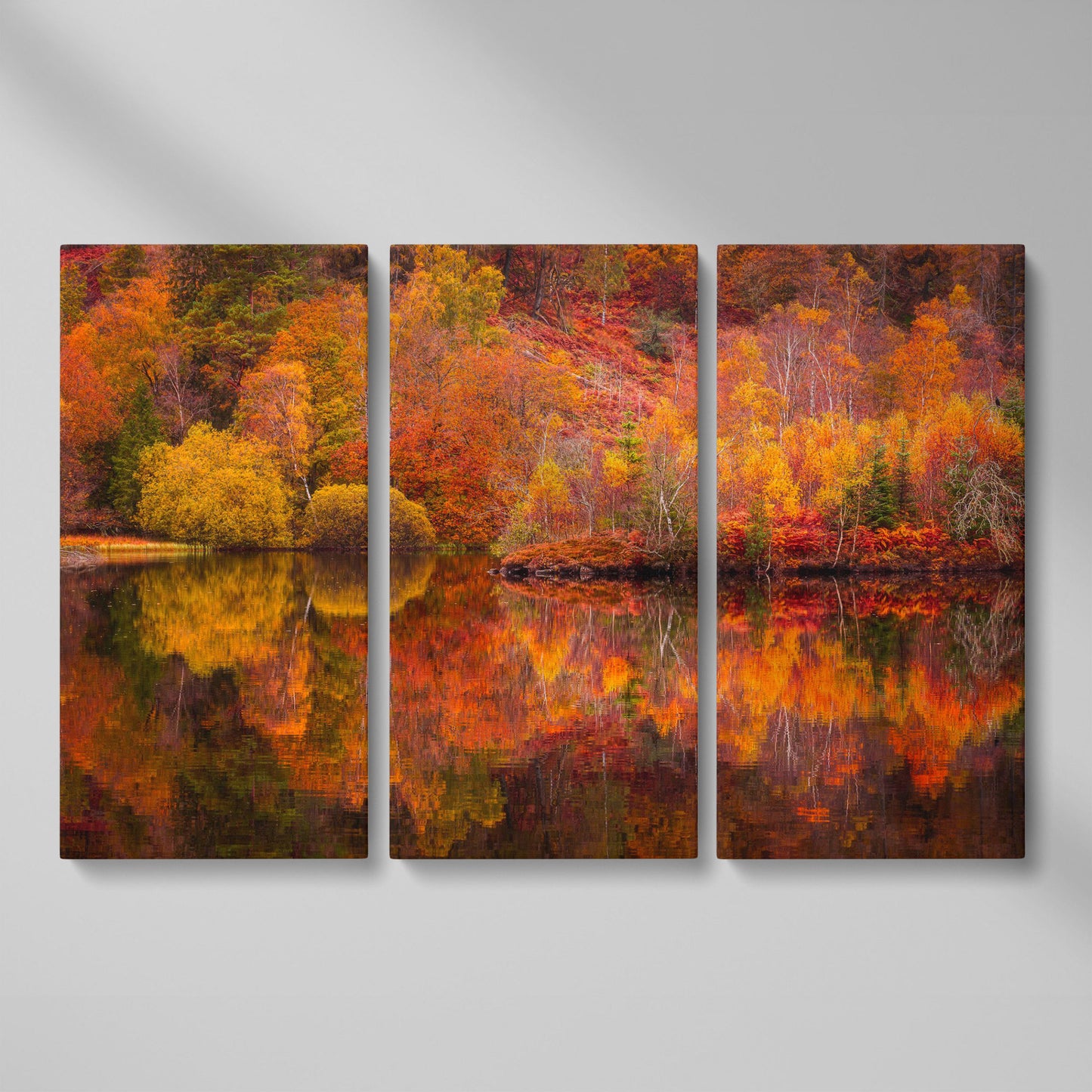 Autumn Forest Lake Reflection Canvas Wall Art as 3-panel split version