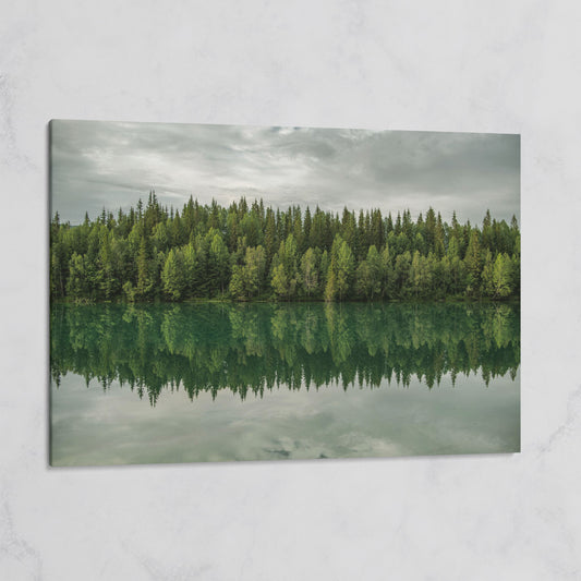 Forest Edge Reflected in Still Water, Misty Landscape Canvas on gallery wrap