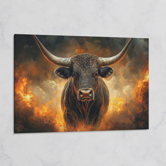 Bull with Horns Canvas Wall Art, Fiery Storm Portrait on gallery wrap