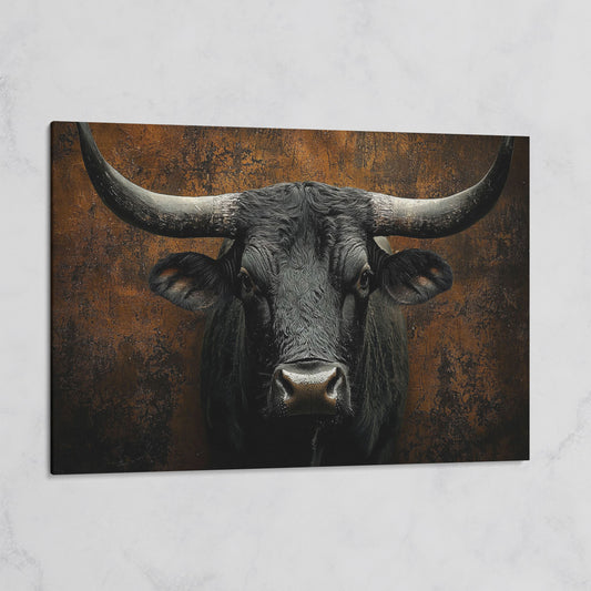 Bull Portrait Canvas Wall Art, Close-Up Horns and Textured Fur on gallery wrap