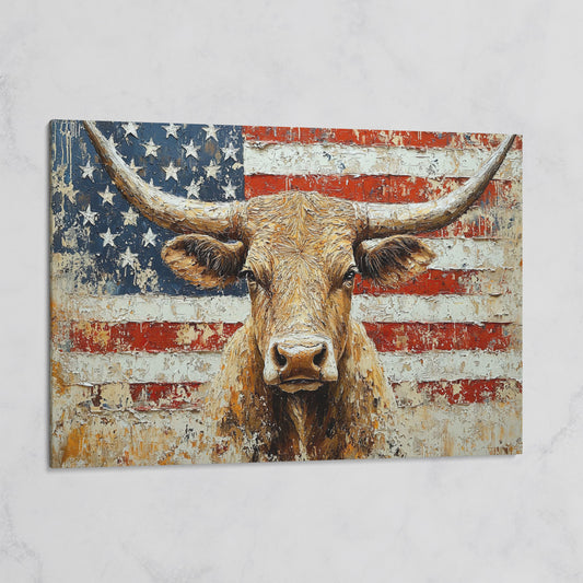Longhorn and American Flag Canvas Wall Art. Western Statement Piece on gallery wrap