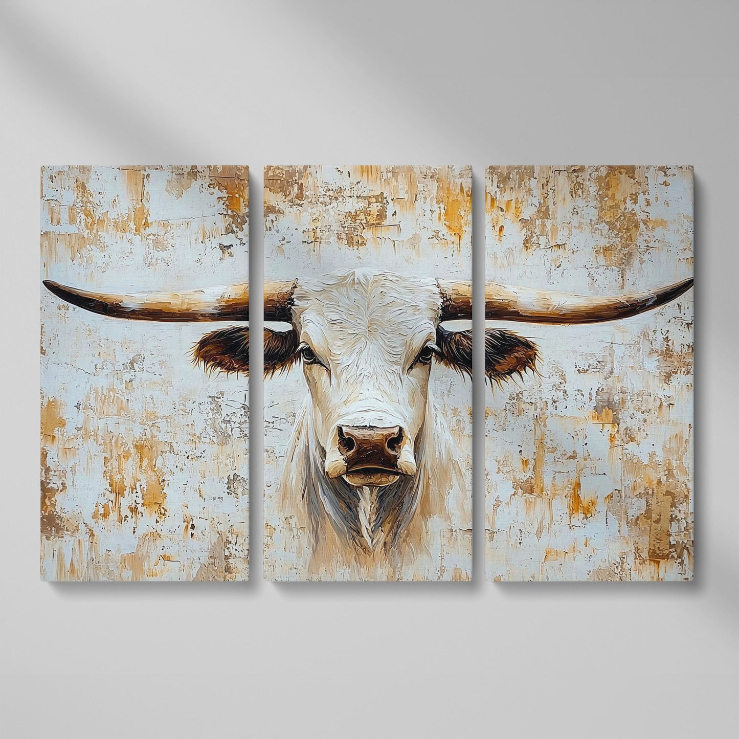 White Longhorn Bull Close-Up Canvas Wall Art as 3-panel split version
