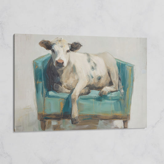 Holy Cow in an Armchair: Whimsical Animal Canvas Wall Art on gallery wrap