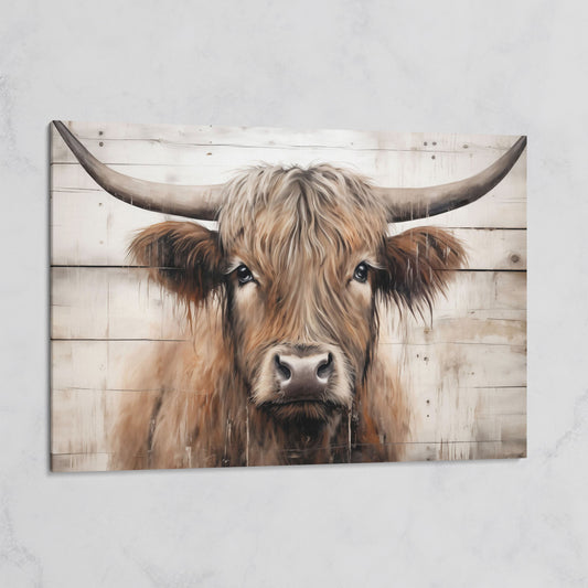 Highland Cow Portrait Canvas Wall Art, Rustic Farmhouse Decor on gallery wrap