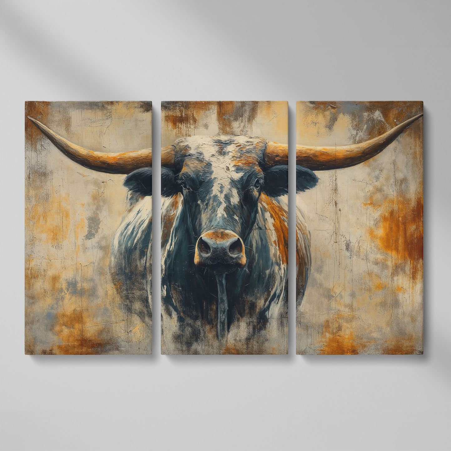 Longhorn Bull Portrait Canvas Wall Art, Western Ranch Decor as 3-panel split version