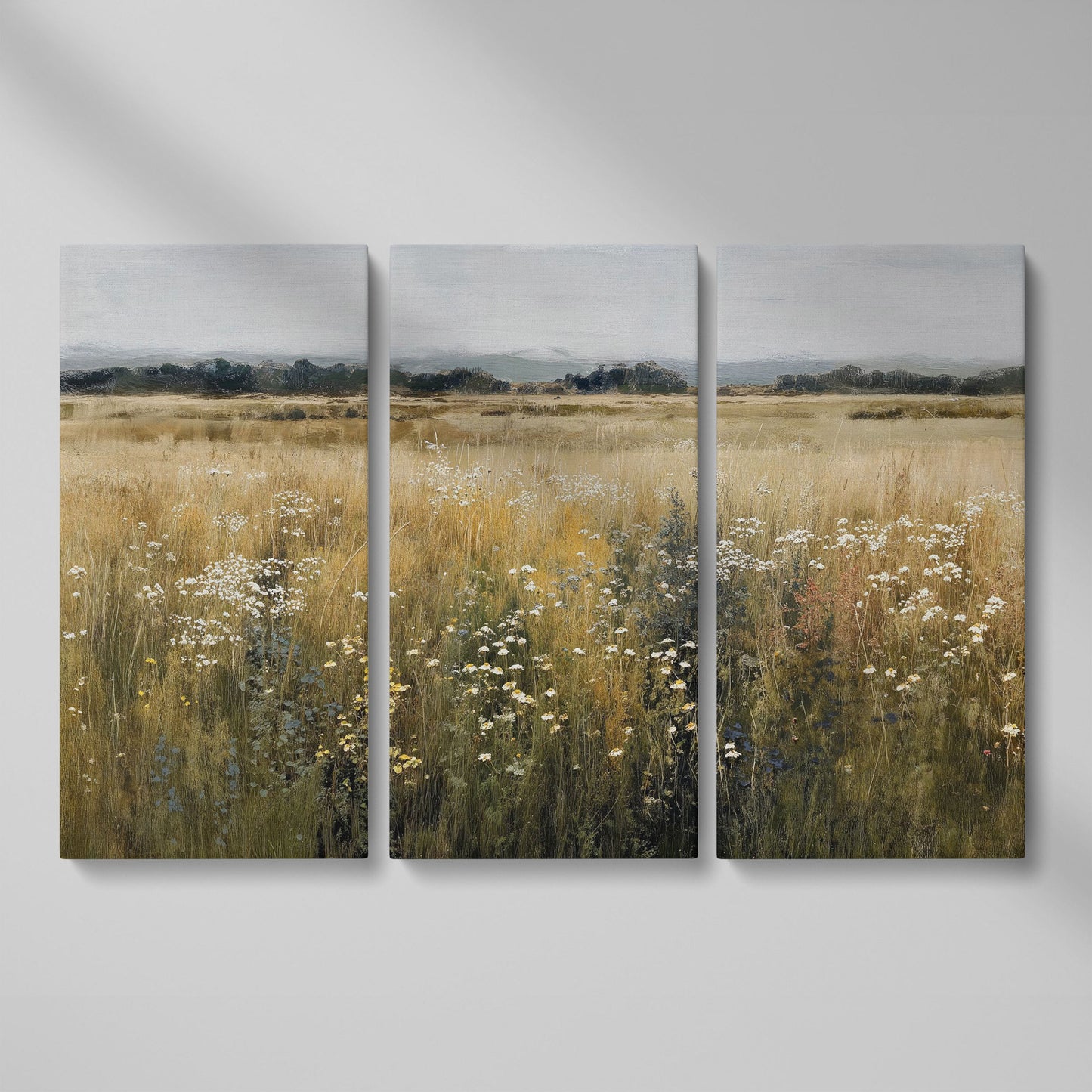 Prairie Wildflowers and Soft Sky. Landscape Canvas Art as 3-panel split version