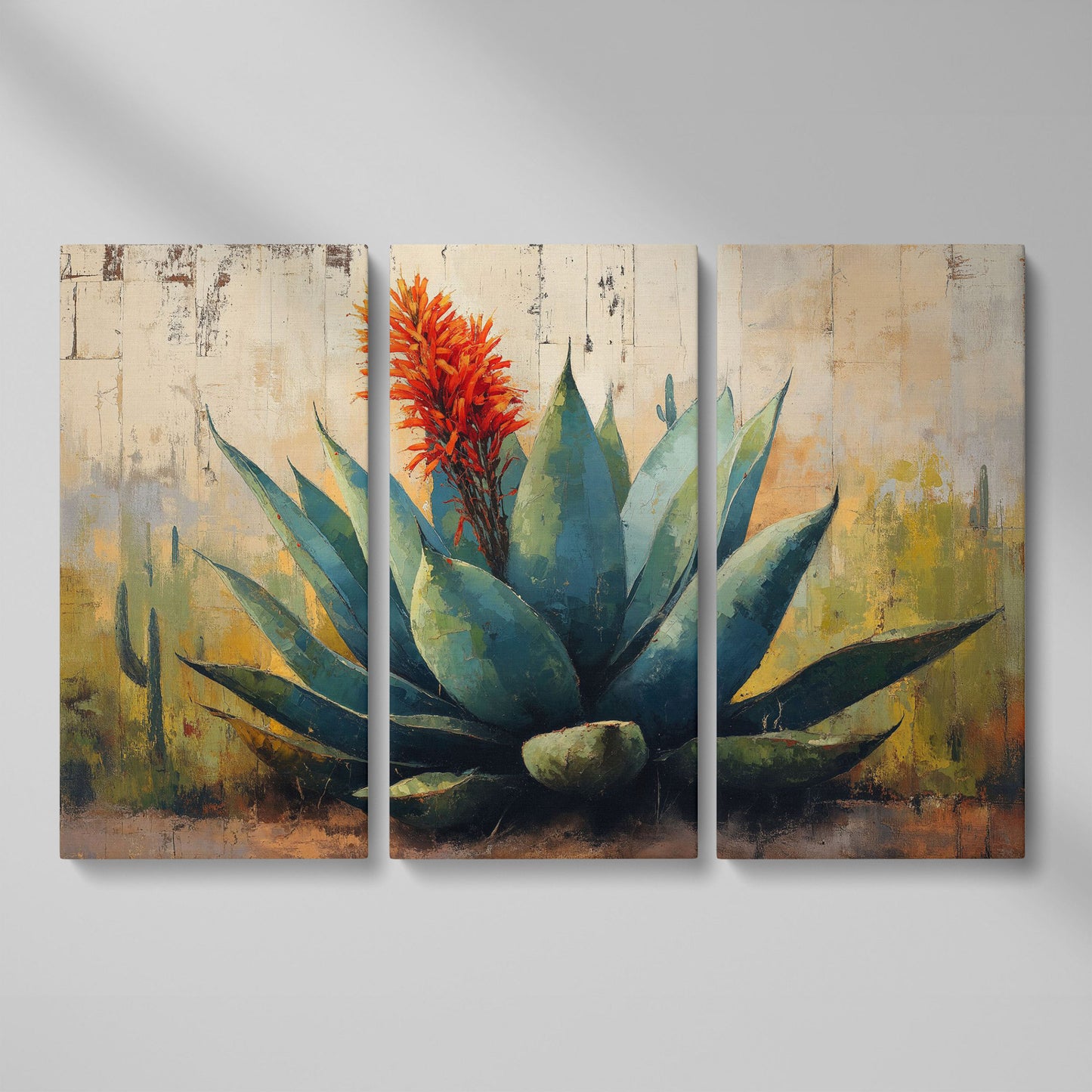 Agave Desert Canvas Art, Orange Flower Spike Landscape as 3-panel split version