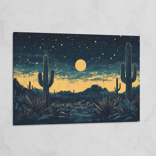 Sonoran Desert Night Sky Canvas Art with Cacti and Full Moon on gallery wrap