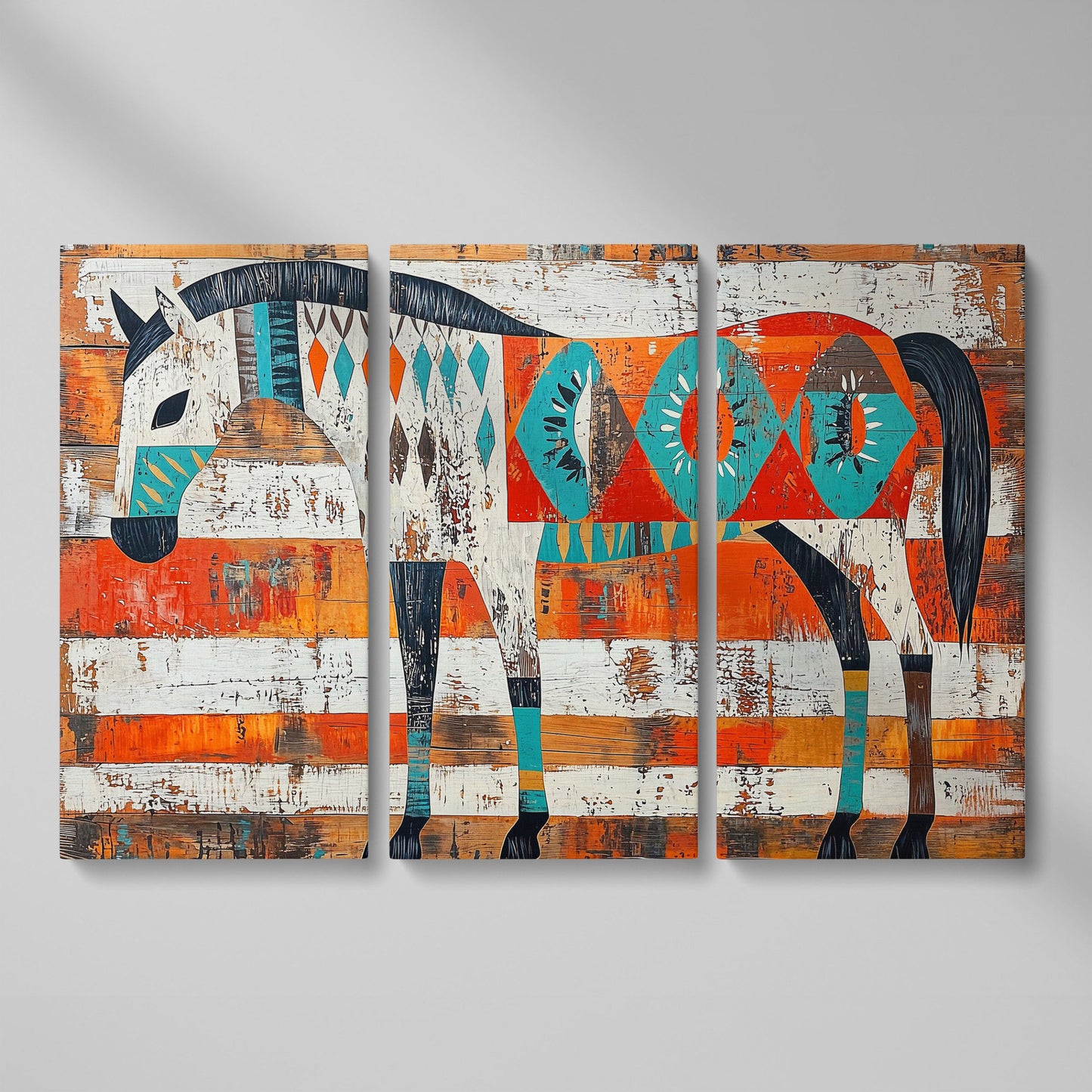 Geometric Horse Portrait Canvas Wall Art, Abstract Western Decor as 3-panel split version