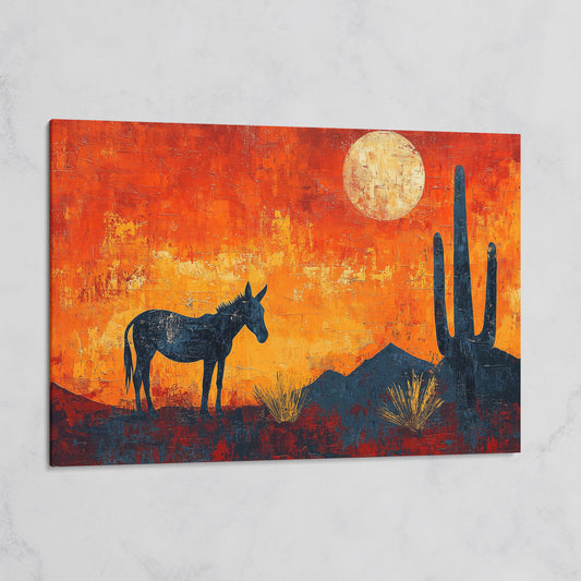 Desert Moonrise with Donkey and Cactus, Southwest Canvas Wall Art on gallery wrap