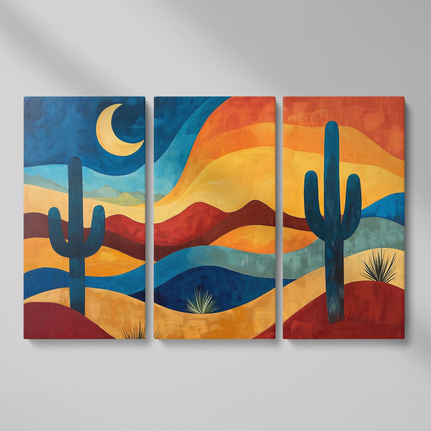 Saguaro Night. Desert Landscape Canvas Wall Art as 3-panel split version