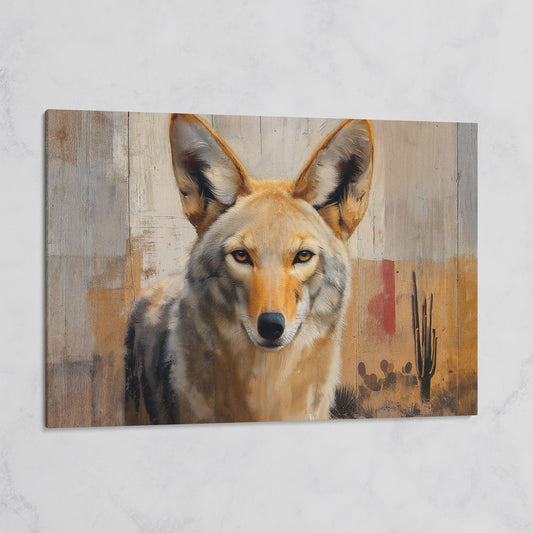 Coyote Portrait Canvas Art, Sonoran Desert with Saguaro Cacti on gallery wrap