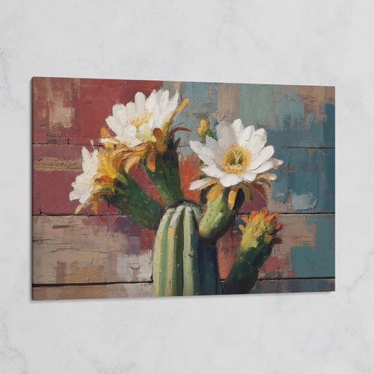 Prickly Pear Cactus with White and Yellow Blooms Canvas Art on gallery wrap
