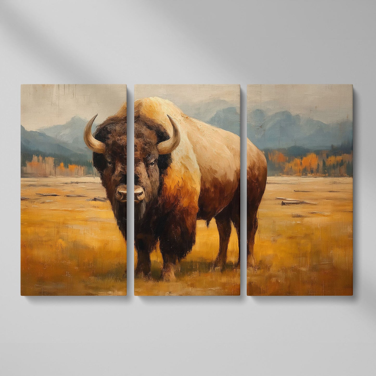 Bison in the Field Canvas Wall Art, Western Prairie Print as 3-panel split version