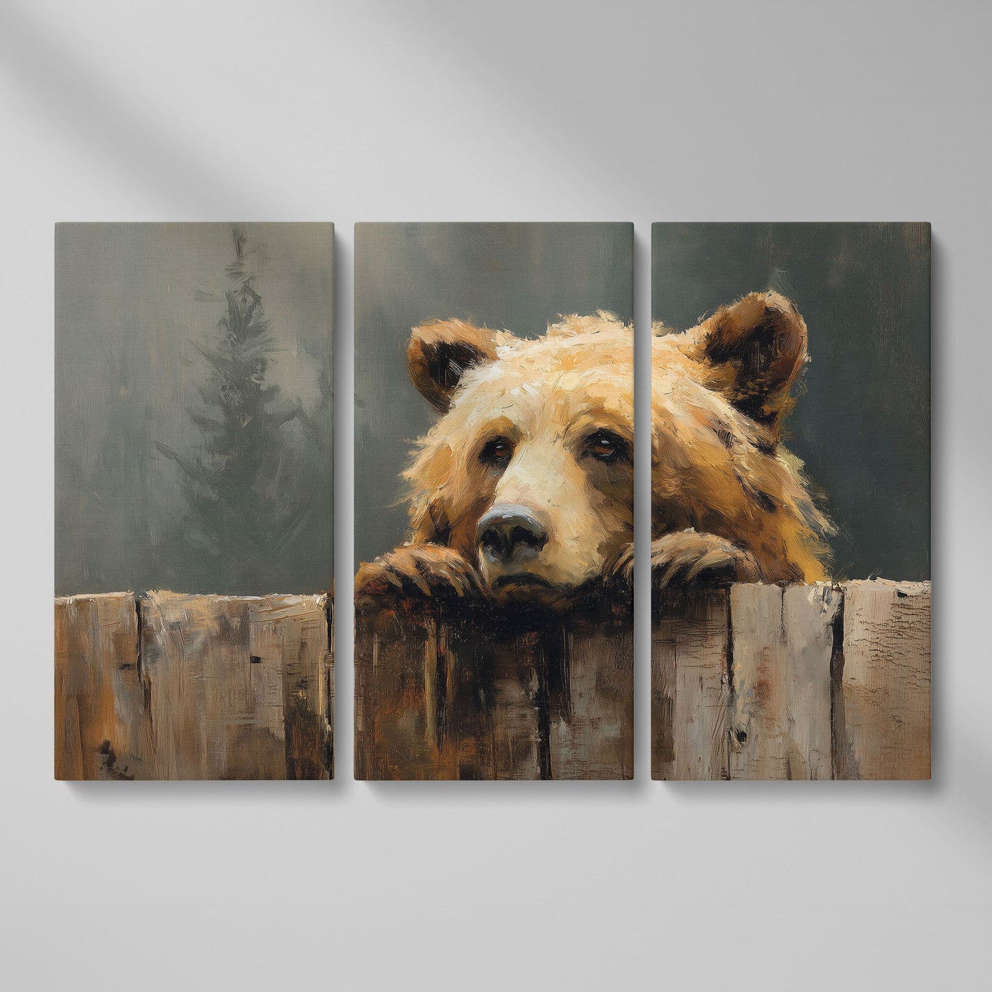 Brown Bear Peeking Over a Fence. Canvas Wall Art as 3-panel split version