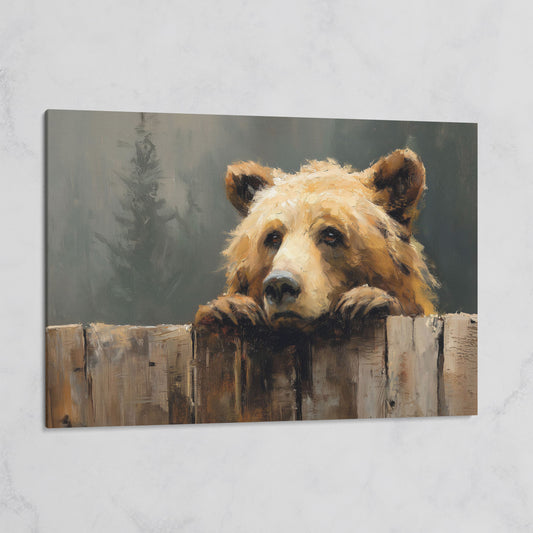 Brown Bear Peeking Over a Fence. Canvas Wall Art on gallery wrap