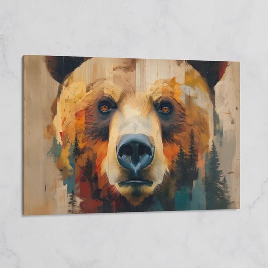 Grizzly Bear Close-Up Canvas Art with Pine Tree Detail on gallery wrap