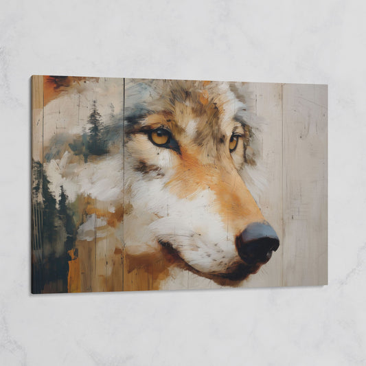 Wolf Portrait Canvas Wall Art with Forest Background on gallery wrap